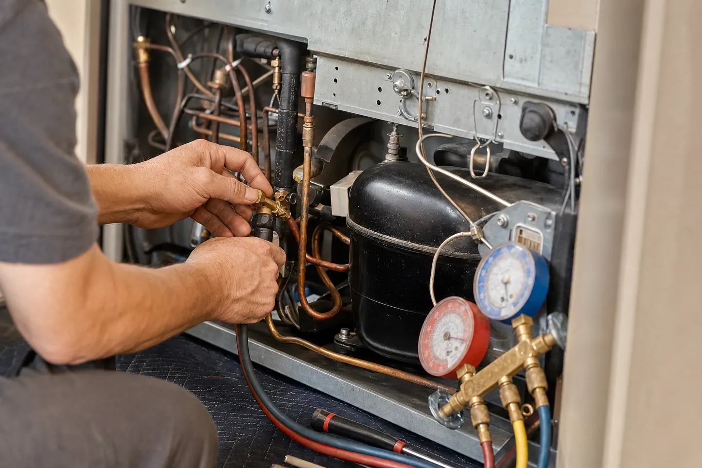 Hands on brass service valves on the copper lines beside a compressor dome, red and blue manifold gauges hanging from the manifold