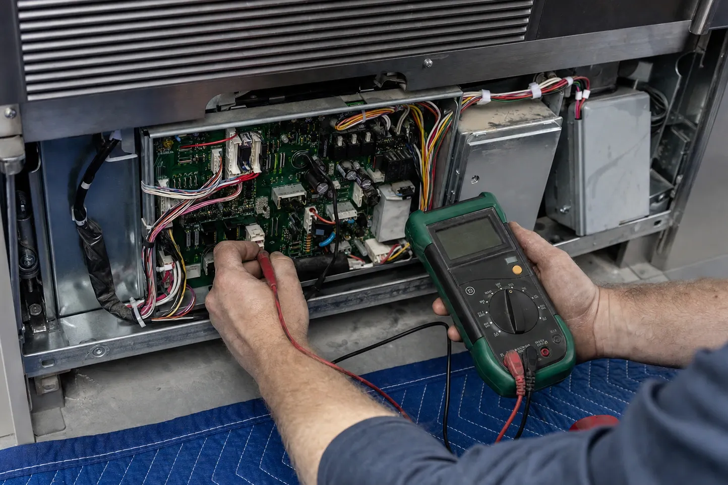 Hands probing a large green control board in the open lower bay of a stainless unit, wiring looms bundled either side