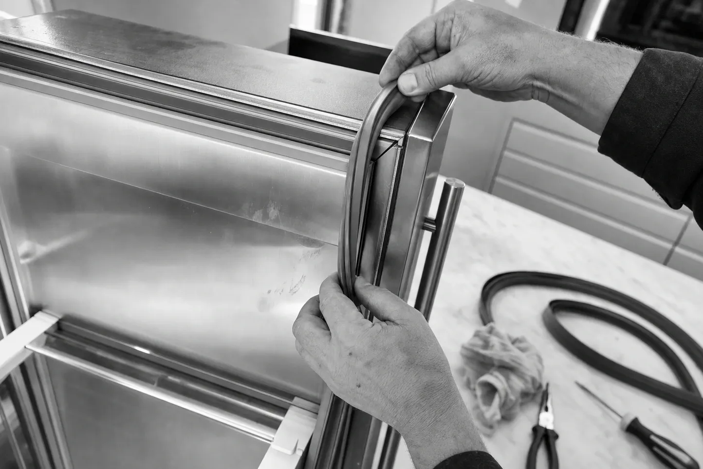 Black-and-white view of two hands pressing a magnetic gasket back into the channel around the inner edge of a stainless door, with a coiled spare gasket, a cloth, pliers and a screwdriver on the counter behind. Labelled on the photograph: gasket going in, gasket channel, door liner.