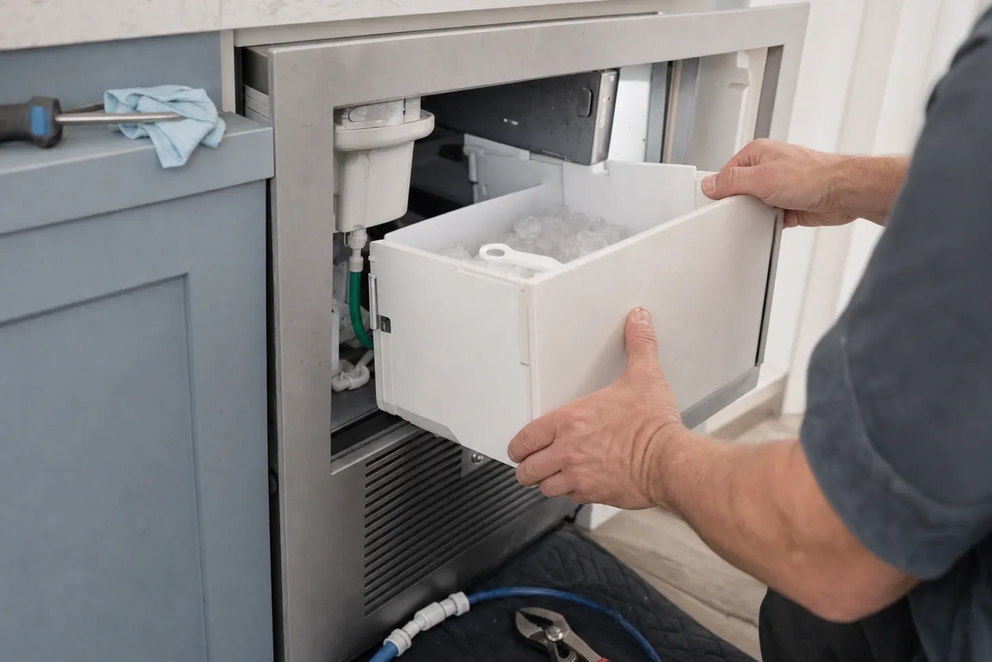 A bin of cubes with a scoop in it held clear of an undercounter ice drawer, a filter canister and green supply tubing in the bay behind, a screwdriver and cloth on the counter above and pliers on a blanket on the floor. Labelled on the photograph: bin and scoop, supply tubing, base grille.