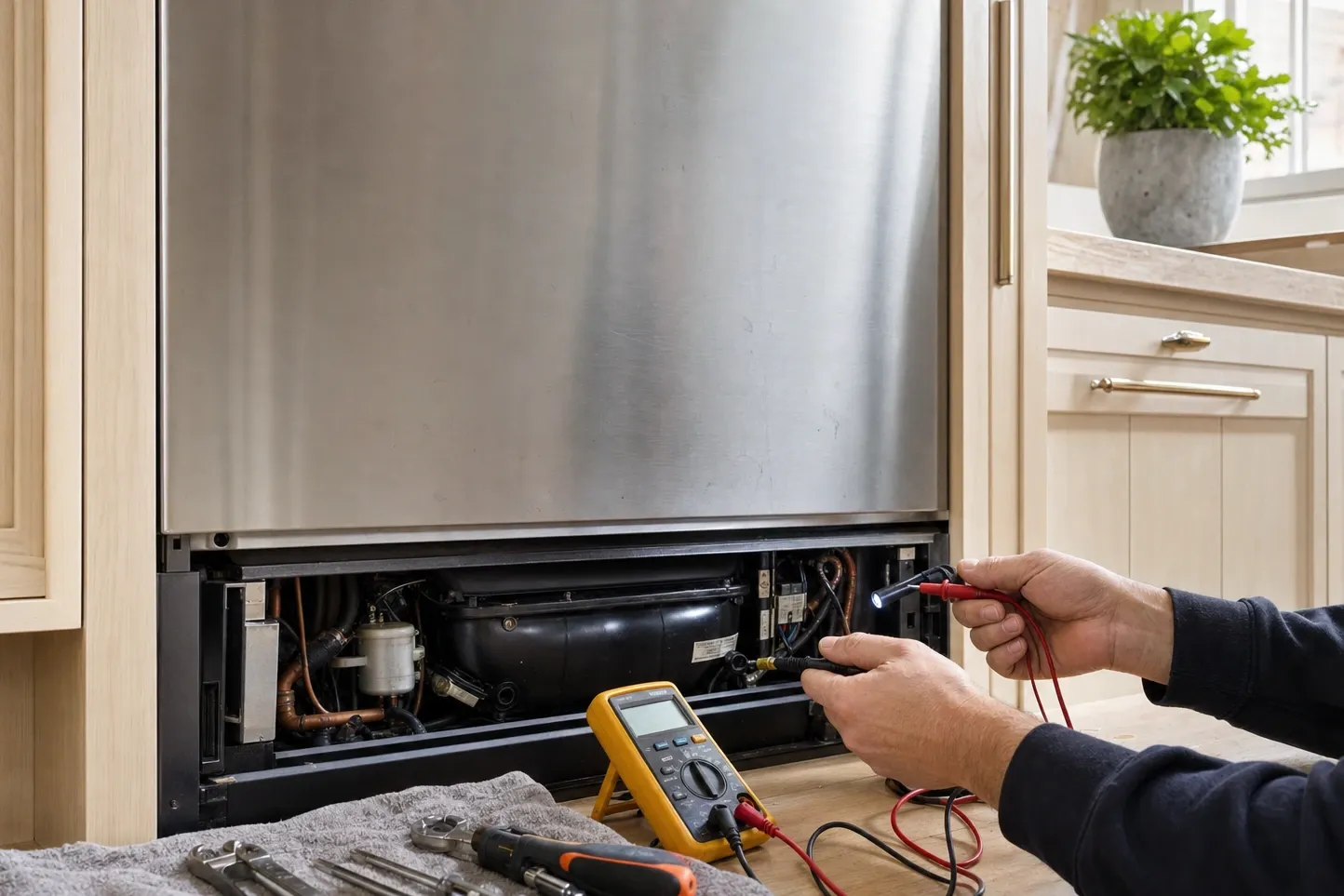 A stainless cabinet set into pale oak joinery with its lower grille off, one hand holding a lit test probe and the other a yellow multimeter at the compressor and copper lines inside, tools on a grey towel on the floor. Labelled on the photograph: machine bay, grille off, multimeter, cabinet front.
