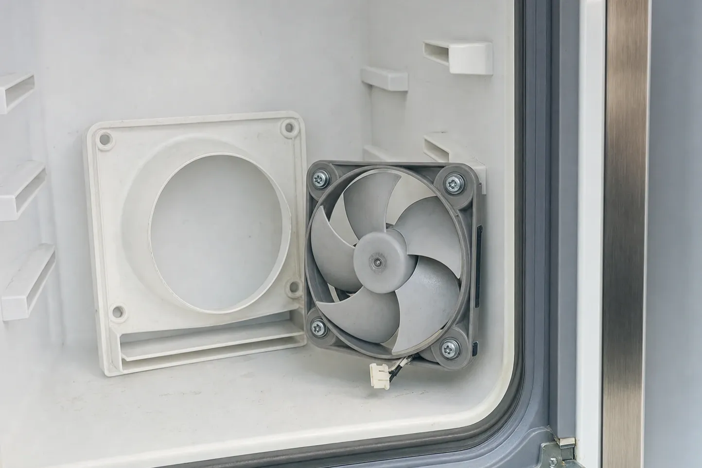 The inside of an emptied compartment with the rear cover panel unscrewed and leaning to one side, the circulation fan exposed in its square frame with its wiring plug hanging below and the shelf rails visible along the left wall. Labelled on the photograph: circulation fan, cover panel, off, shelf rails.