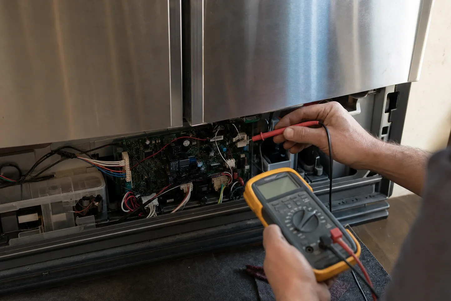 A yellow-cased multimeter held in one hand and a red probe in the other at a large green circuit board behind the lower panel of a twin-door stainless cabinet, a lidded parts organiser on the floor at the left. Labelled on the photograph: circuit board, probe at a pin, parts organiser.