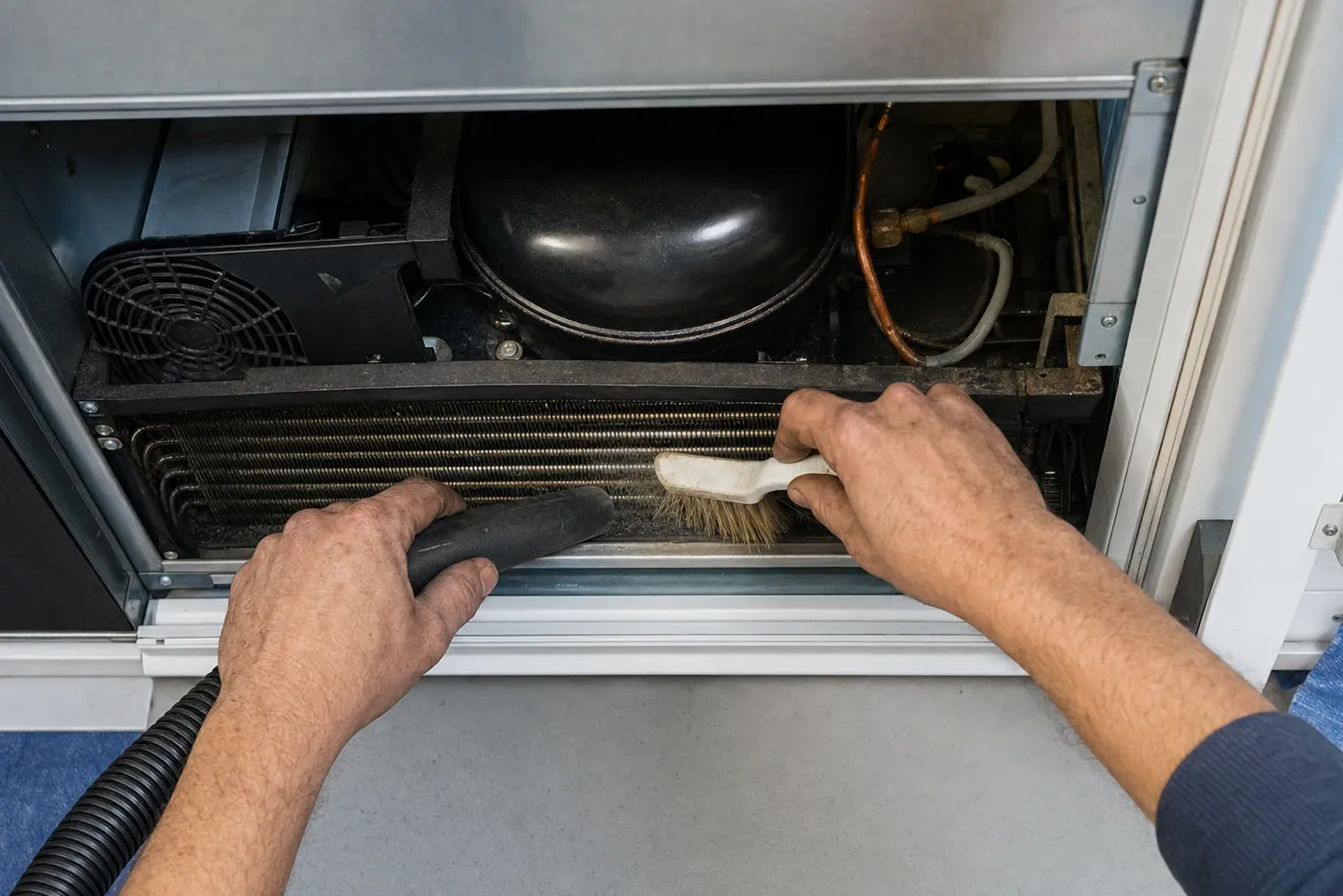 Both hands at an open lower grille opening, a vacuum crevice nozzle in one and a bristle brush in the other working along the finned condenser coil, the compressor dome and copper lines behind. Labelled on the photograph: finned coil, vacuum nozzle, soft brush.